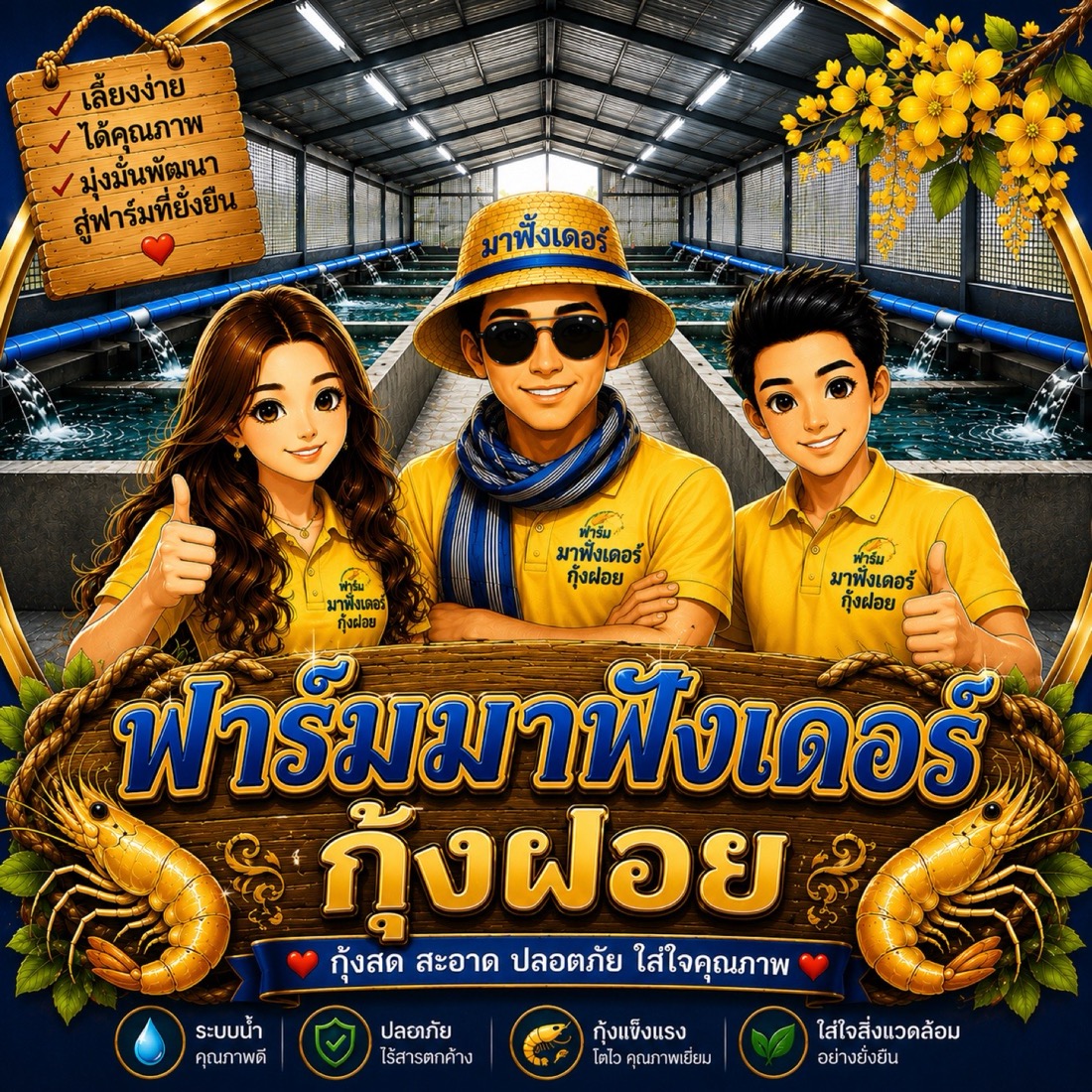 ภาพปกฟาร์มมาฟังเดอร์กุ้งฝอย ทีมงานสามคนในเสื้อสีเหลืองยืนหน้าบ่อเลี้ยงในโรงเรือน