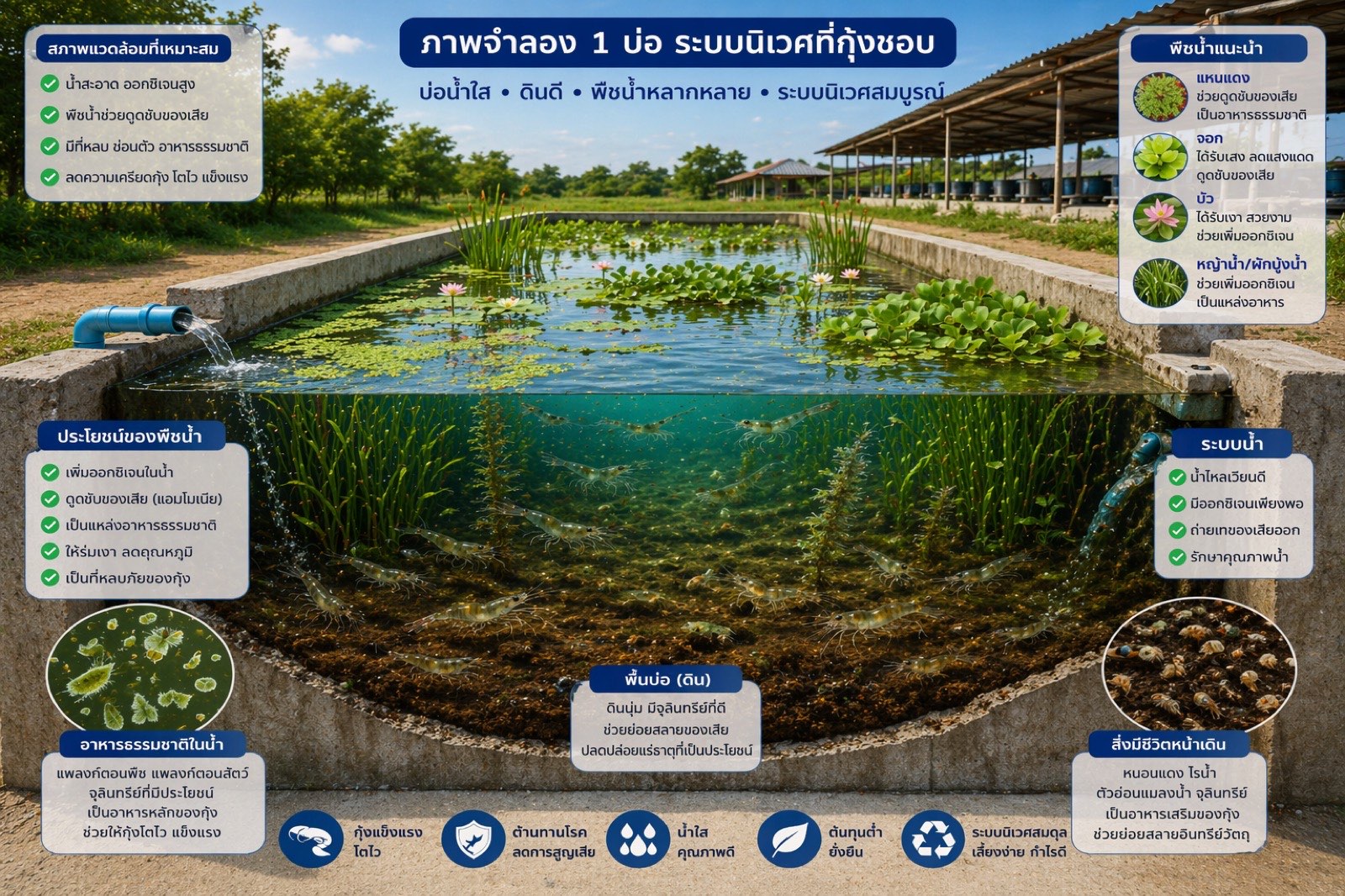 ภาพตัดบ่อแสดงพืชน้ำ ดินพื้นบ่อ และสิ่งมีชีวิตในน้ำ