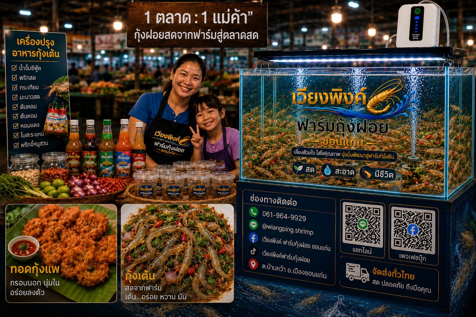 ตัวอย่างแผงขายกุ้งฝอยในตลาดสด มีตู้ปลาและเมนูกุ้งเต้น ทอดกุ้งแพ